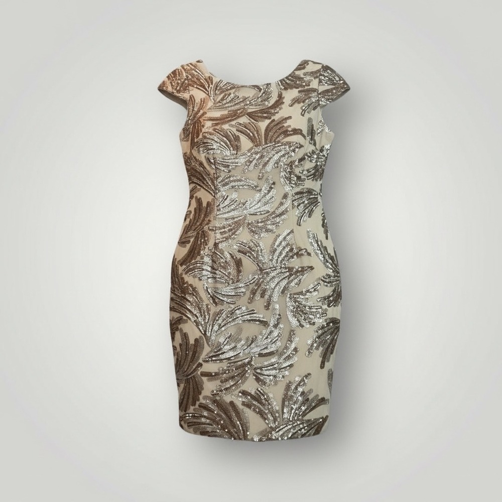 Adrianna Papell Sequin Sheath Dress XS Champagne Gold‎ Cap Sleeve Cocktail Party
